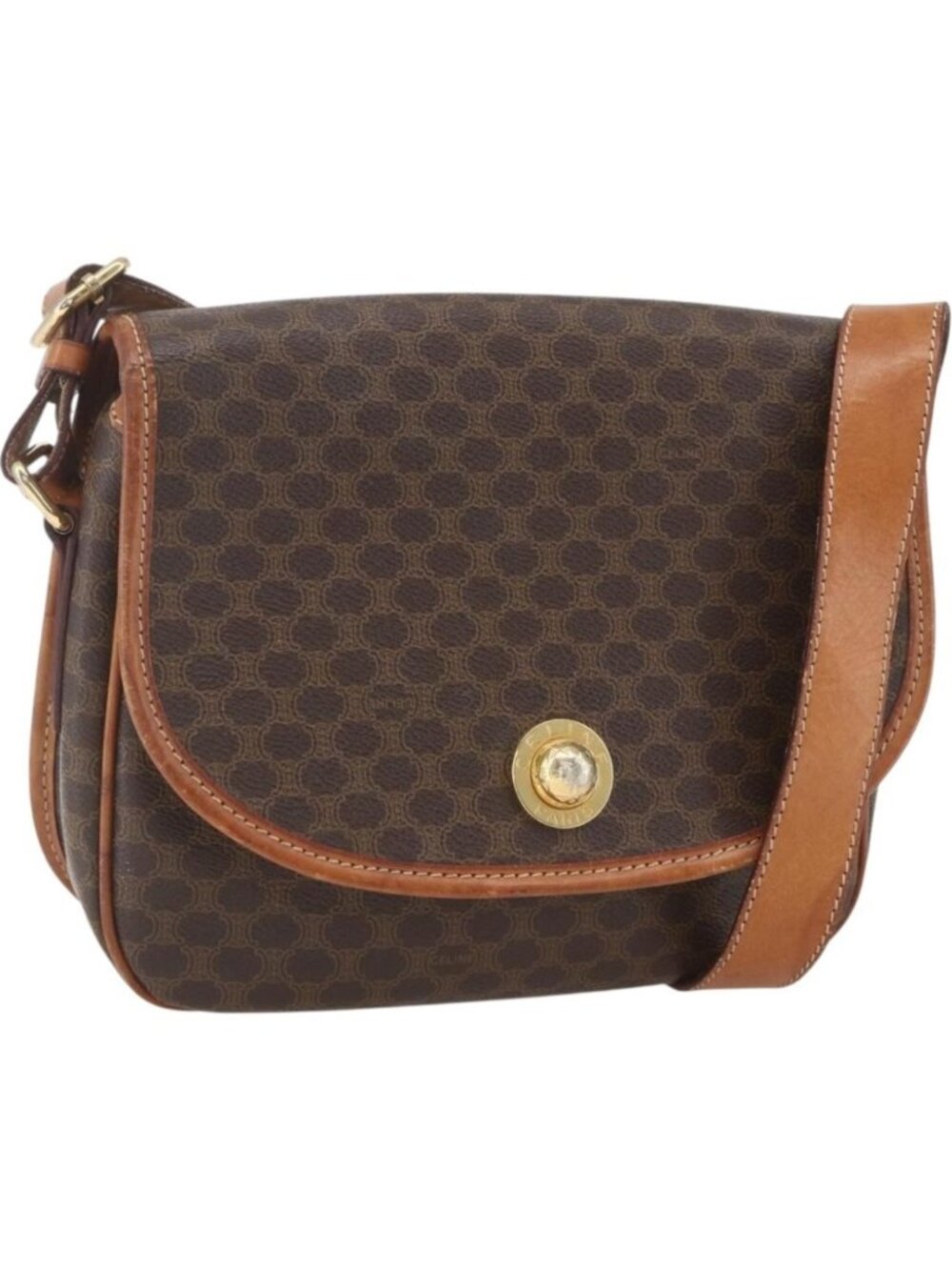 CELINE Macadam Canvas Shoulder Bag PVC Leather Brown Gold